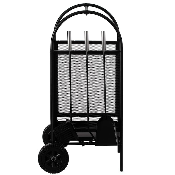 Indoor And Outdoor Patio Iron Firewood Log Cart With Wheels And Fireplace Tool Set, Black